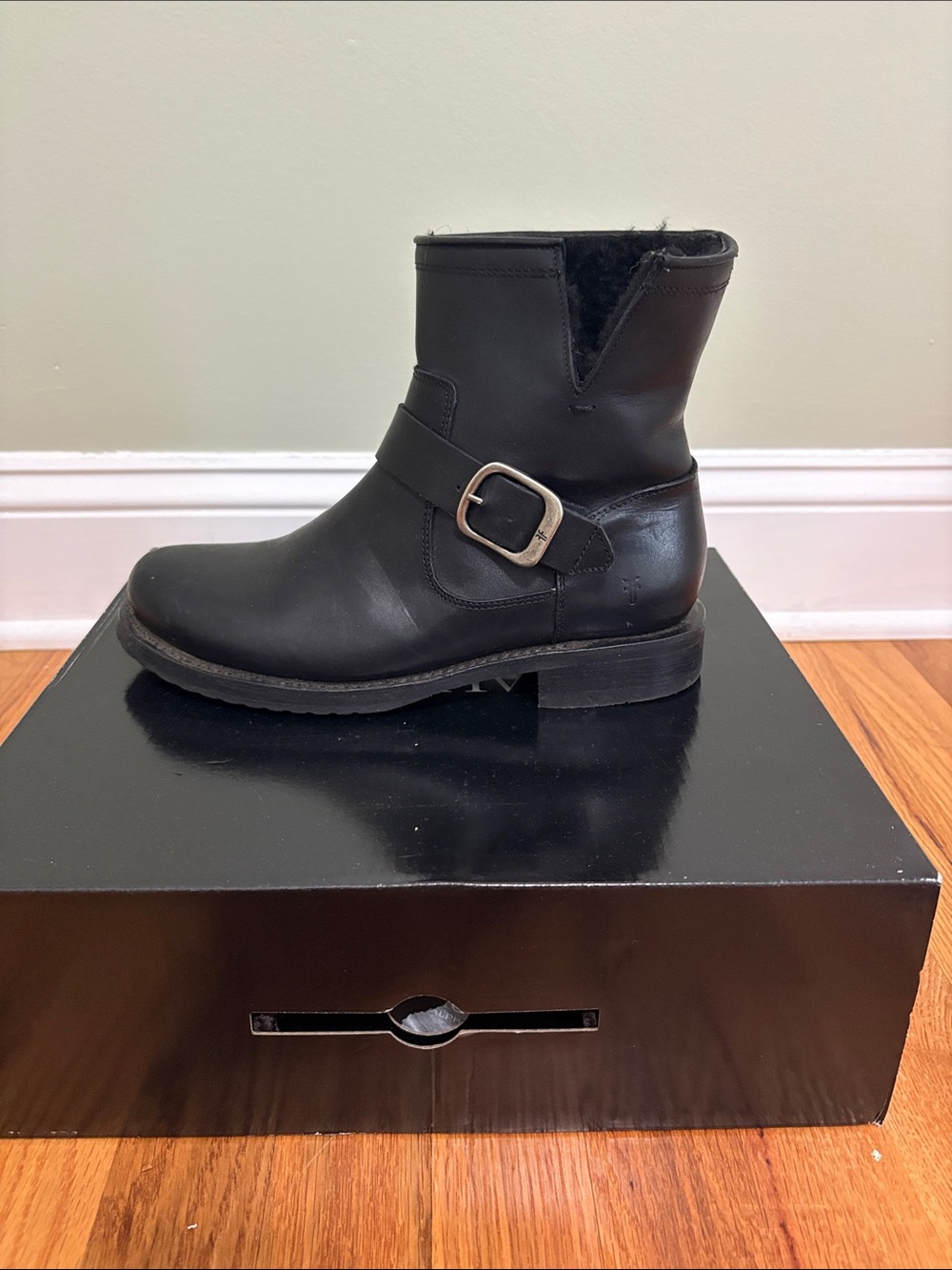 Frye Black Leather Ankle Engineer Boot with Buckle